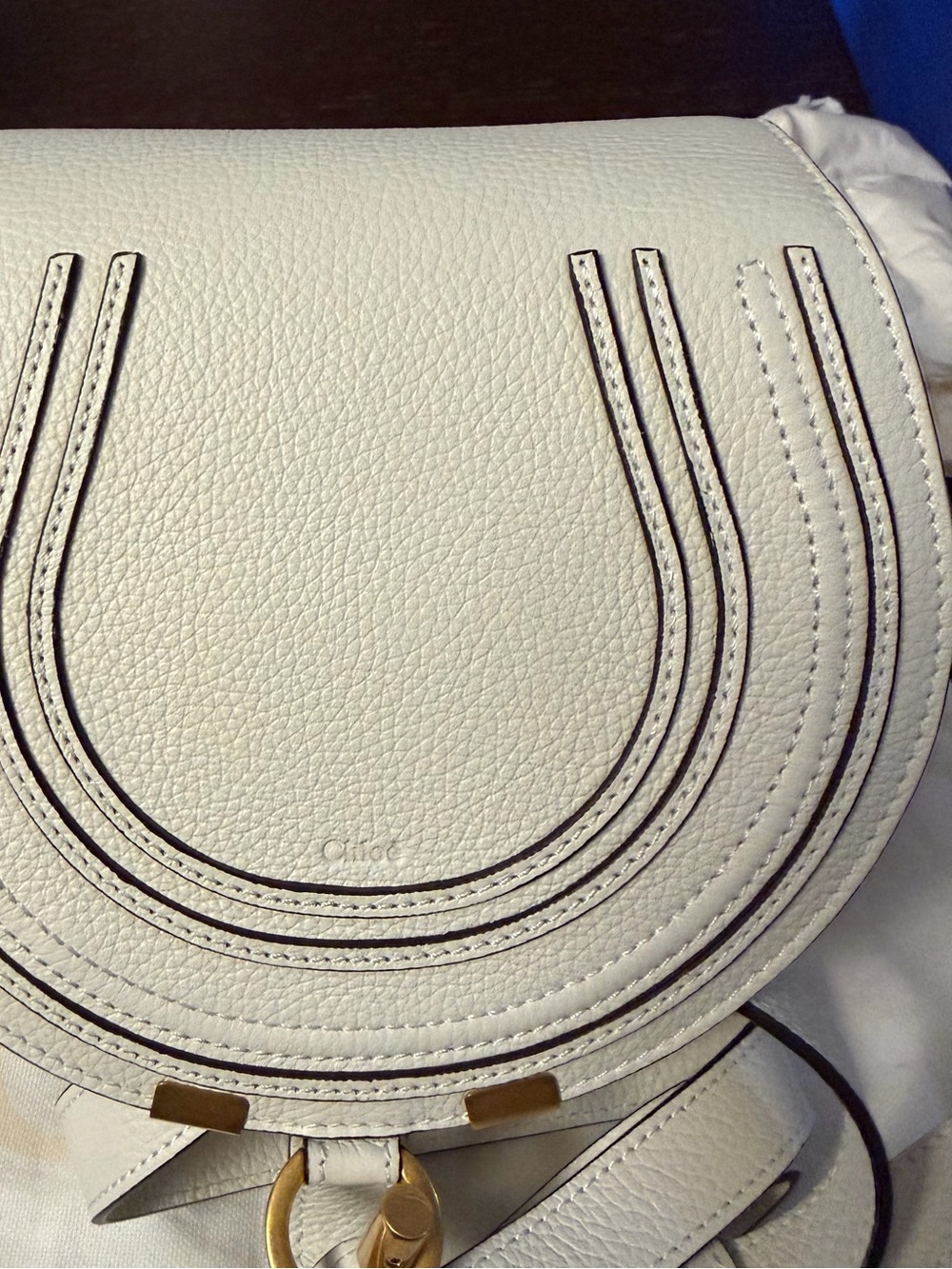 Chloe White Pebbled Leather Crossbody Saddle Bag with Gold Hardware